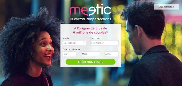 Page d'inscription du site de rencontre Meetic en France.